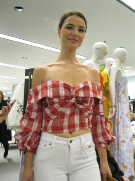 Bardot 100% Plaid Crop Top ($99) and Pistola Frayed White Denim Pants ($98) with Steven Allen Straw Bag ($295) and Stuart Weitzman Capri Sandals ($435).