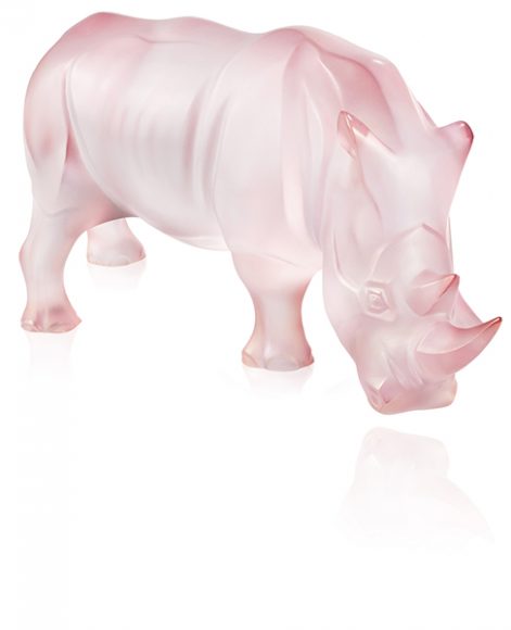 The Rhinoceros sculpture in pink luster, from Lalique’s Nature Sauvage collection. Image courtesy Lalique.