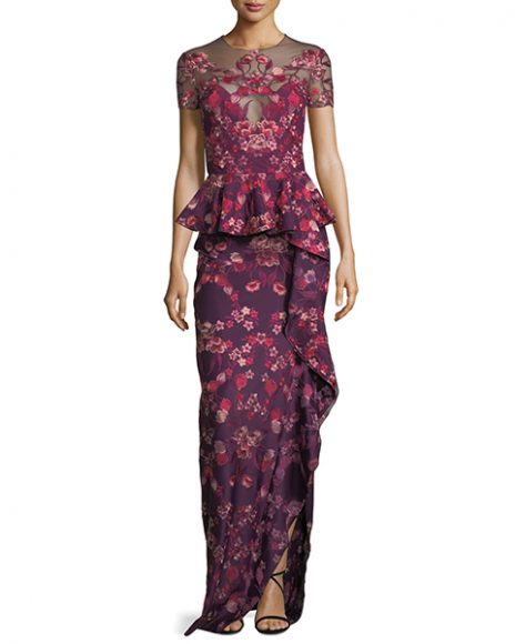 (1) Floral Scuba-Knit Peplum Gown by Notte by Marchesa, $1,195. Photograph courtesy Neiman Marcus Westchester.