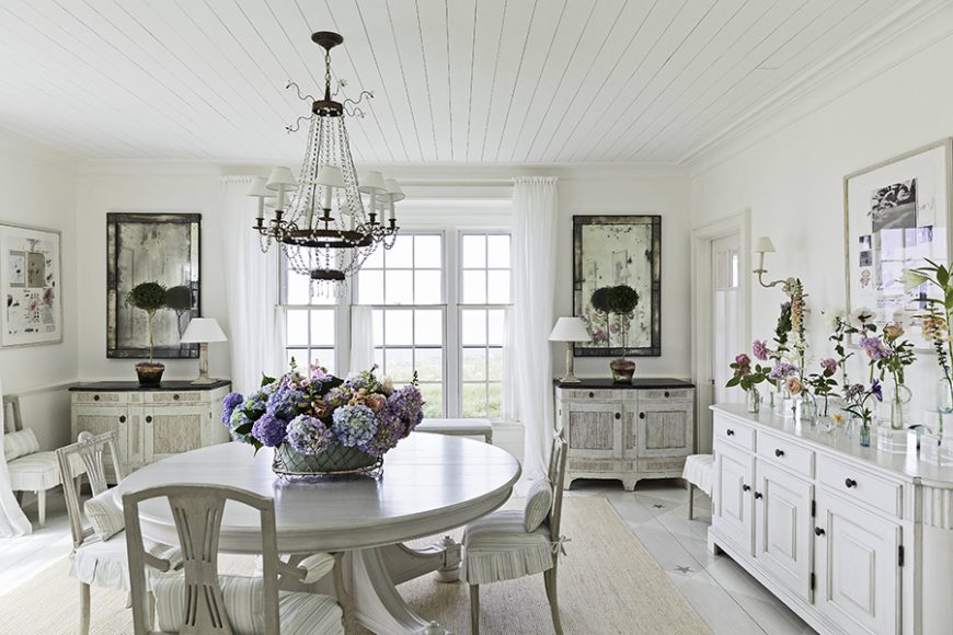 In the dining room, Graham arranges a multicolored still life on the sideboard using foxgloves, garden roses, passion flower vines and dianthus. For the centerpiece, she creates a luxuriant bouquet of hydrangeas in tones of pink, lavender and blue with a sprinkling of peach foxgloves. From “Second Bloom: Cathy Graham’s Art of the Table” by Alexis Clark with photographs by Quentin Bacon and Andrew Ingalls (Vendome Press).