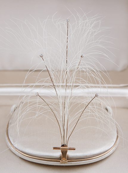 J. H. Johnston & Co. (1844–ca. 1910). Aigrette hair ornament (from a Snowy or Great Egret), 1894, New York City; Egret feathers, gold, gold wire, diamonds; Museum of the City of New York, Gift of Mrs. Mary S. Griffin, 1961. Image courtesy New-York Historical Society.