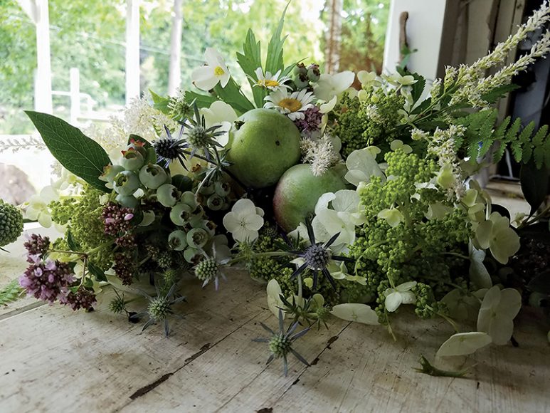 Blueberries (unripe), apples, flowering oregano, lace top hydrangea, eryngium, wind flower and a couple of sweet daisies make a picturesque tabletop display. Courtesy Laura Mulligan at The Hickories.
