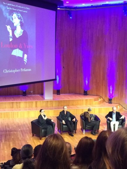 Author Christopher Petkanas (“Loulou & Yves: The Untold Story of Loulou de la Falaise and the House of Saint Laurent”), far right, was featured at the Fashion Institute of Technology in a conversation led by Museum at FIT deputy director Patricia Mears, far left. Photograph by Mary Shustack.