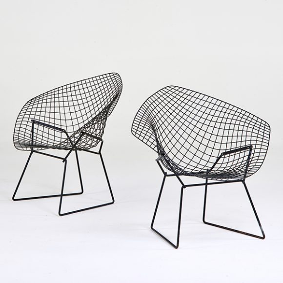 Harry Bertoia, Pair of Diamond chairs for Knoll (1970s), enameled steel, sold for $688. Image courtesy Rago Arts and Auction.