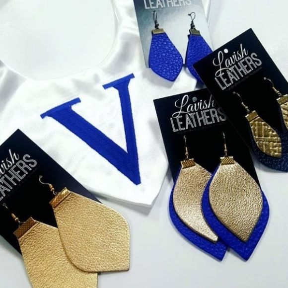 Leather earrings are available in various styles, including a metallic finish. 