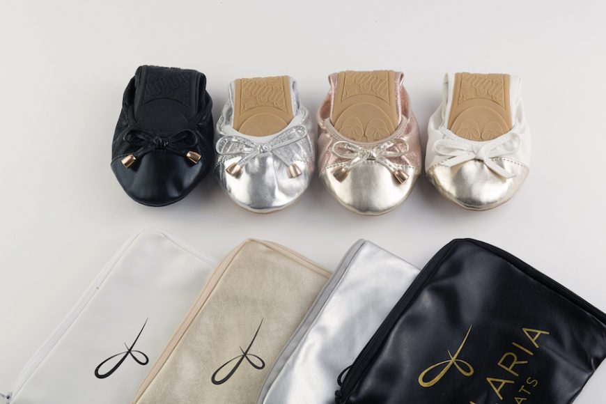 The flats are available in four colors – black, silver, champagne and white, the latter two featuring a golden toe. Photograph courtesy Talaria.
