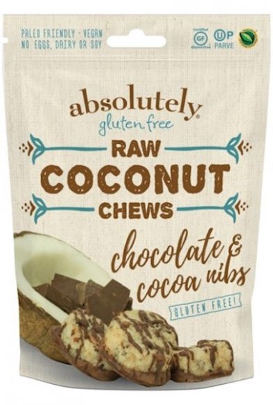 Absolutely Gluten-free’s Raw Coconut Chews in the chocolate and cocoa nibs variety. Courtesy Absolutely Gluten-free.