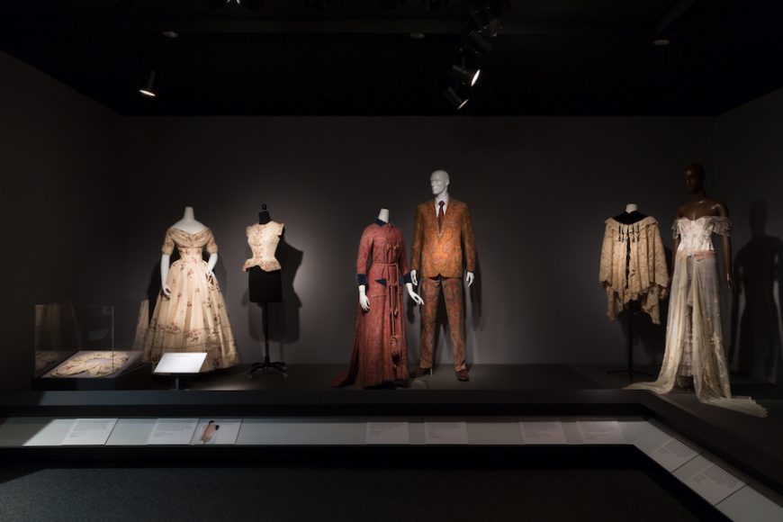 Repurposed garments have been made from existing garments or textiles into something new. This platform features garments that were remade from 18th- and 19th-century textiles, including a 2018 gown fashioned from an antique corset and lace and by Mimi Prober, far right. Photograph © The Museum at FIT.