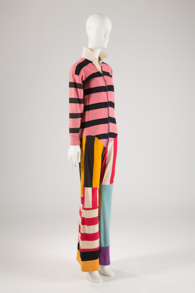 Betsey Johnson, jumpsuit, cotton jersey, 1966, USA. The Museum at FIT, 90.173.1, gift of Betsey Johnson. Photograph © The Museum at FIT. Betsey Johnson crafted this jumpsuit for herself from rugby shirts worn by her then-partner, the musician John Cale. 