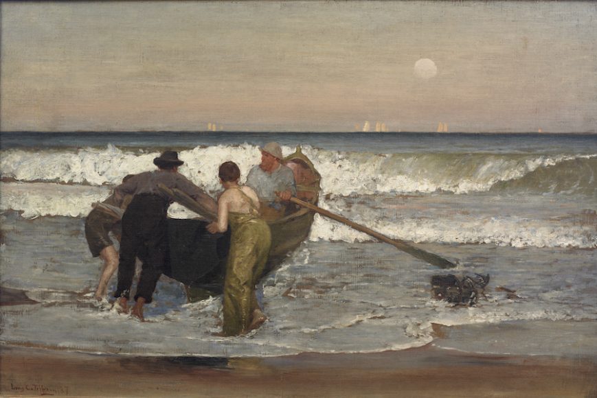 “Pushing Off the Boat at Sea Bright, New Jersey,” by Louis Comfort Tiffany, 1887, oil on canvas, as featured in “Becoming Tiffany: From Hudson Valley Painter to Gilded Age Tastemaker” at Lyndhurst. Courtesy Nassau County Museum of Art, Roslyn, New York.