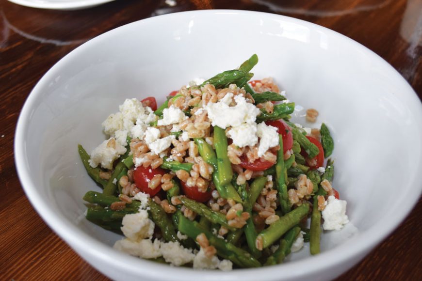 Summer asparagus salad with farro, feta, tomato and Dijon vinaigrette. 