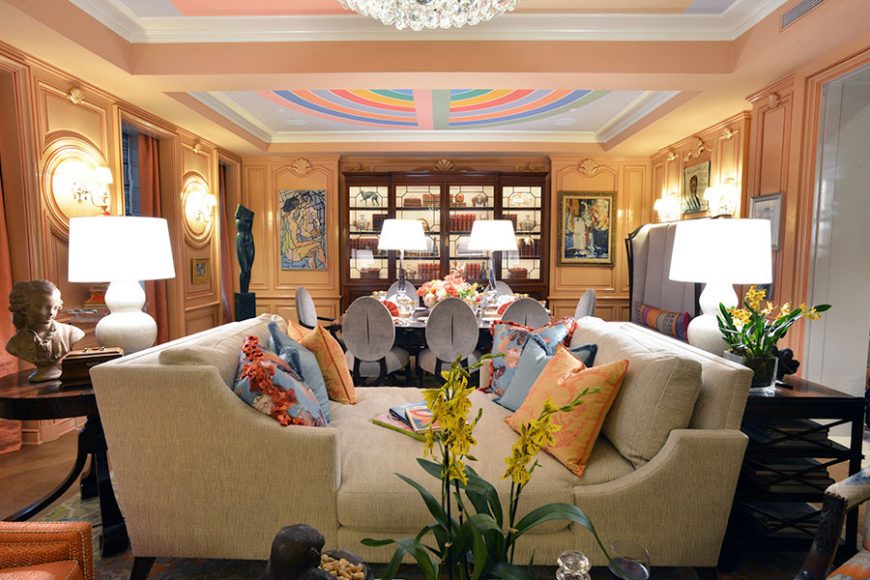 Barbara Ostrom created “Art and A La Carte.” She said she imagined the room in the home of avid art collectors. “They are a couple who are confident in their unique and eclectic personal taste.”