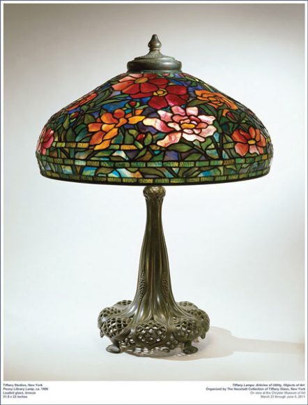 Clockwise from left: Tiffany Studios Peony library lamp, c. 1905, Leaded glass, bronze, 31½ x 22 in.  
The Neustadt Collection of Tiffany Glass, Queens, NY