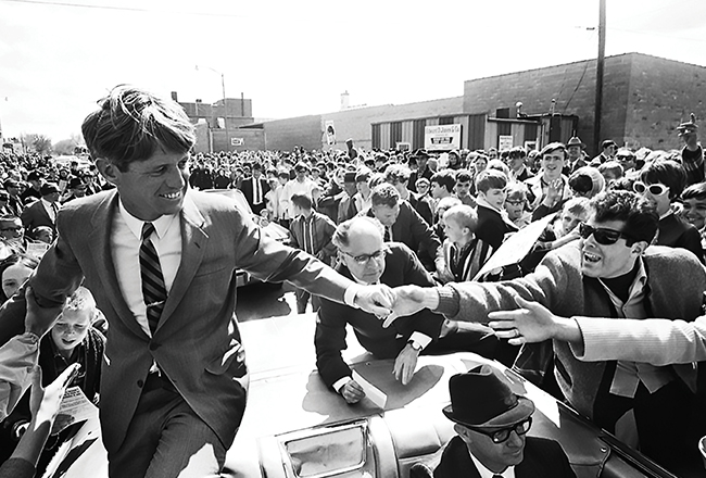 Robert F. Kennedy on the campaign trail in 1968. Photograph by Lawrence Schiller. Courtesy of the Lawrence Schiller Archives.