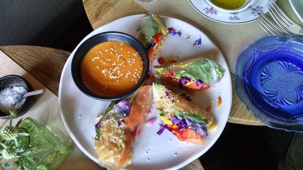 Rainbow rolls of assorted seasonal vegetables, chili-cashew kelp noodles and flowers with a spicy pine nut mustard.
