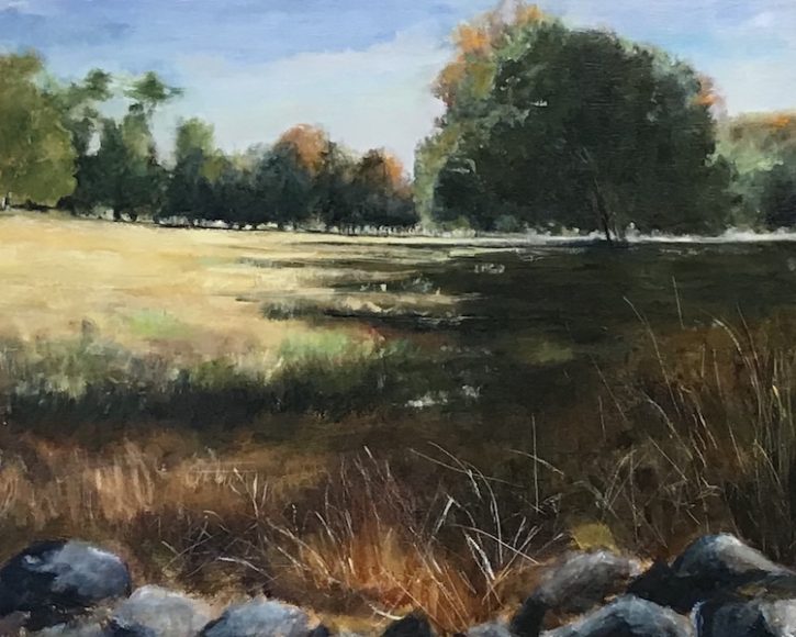 Gail Bell’s depiction of the Old Hay Fields in Fairfield is one of the artist’s works to be featured in an exhibition at the Fairfield University Bookstore next month. Courtesy Aspetuck Land Trust.