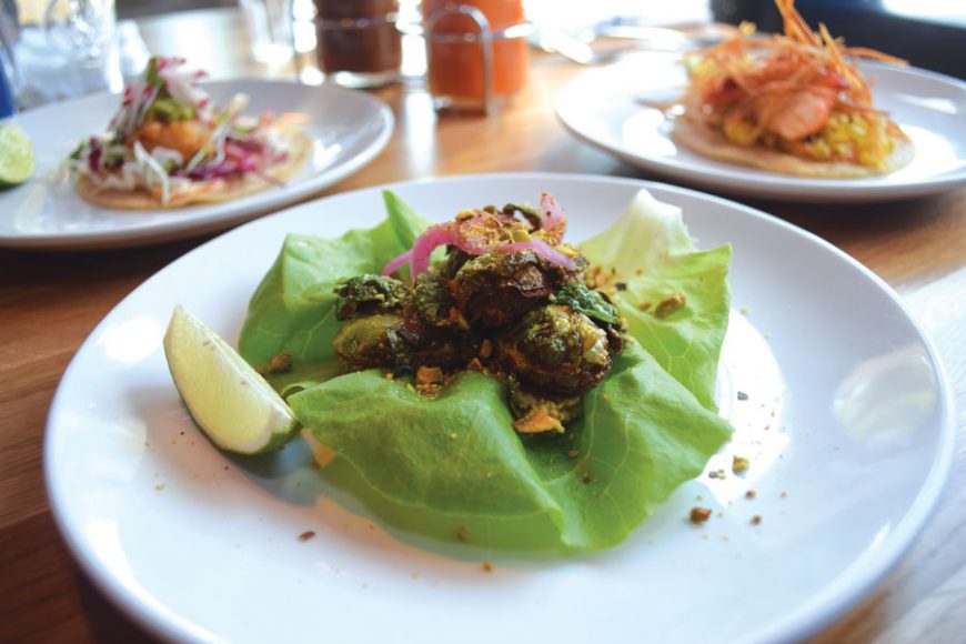A Brussels sprouts taco in a lettuce wrap.