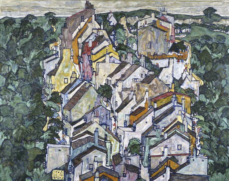 Egon Schiele (1890–1918). “Town among Greenery (The Old City III),” 1917, Oil on canvas, Neue Galerie New York, in memory of Otto and Marguerite Manley, given as a bequest
from the Estate of Marguerite Manley. Courtesy Neue Galerie New York.
