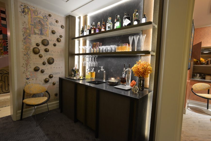 Wesley Moon’s work, exemplified by this wet bar design at the Kips Bay Decorator Show House this spring, integrates unexpected touches that provide drama and interest. Photograph by Bob Rozycki.