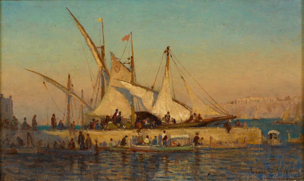 Louis C. Tiffany, “The Harbor at Malta (formerly Port of Piraeus, Greece),” n.d. Oil on canvas, 14 x 8 in. Nassau County Museum of Art. Courtesy Lyndhurst.