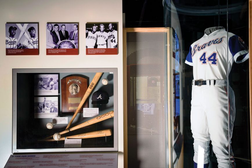 The Hank Aaron exhibit, uniform and artifacts from the day he broke Babe Ruth's home run record, April 8, 1974.