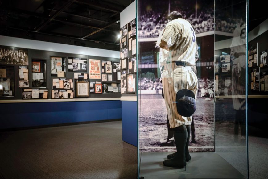 Babe Ruth's uniform, from the exhibit “Babe Ruth: His Life and Legend,” worn in the film “The Pride of the Yankees” and also on Babe Ruth Day at Yankee Stadium, June 13, 1948.  Photographs courtesy National Baseball Hall of Fame and Museum.