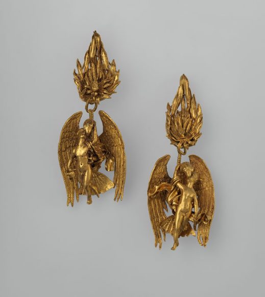 Pair of Gold Earrings with Ganymede and the Eagle, Hellenistic, ca. 330-300 B.C. Gold, rock crystal, emerald. H. 2 3/8 in. (6 cm). The Metropolitan Museum of Art, Harris Brisbane Dick Fund, 1937 (37.11.9, .10).