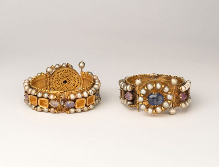 Jeweled Bracelets, 500-700. Made in probably Constantinople. Gold, silver, pearl, amethyst, sapphire, opal, glass, quartz, emerald plasma. Overall: 1 7/16 x 3 1/4 in. (3.7 x 8.2 cm). The Metropolitan Museum of Art, Gift of J. Pierpont Morgan, 1917. 7.190.1670, .1671.