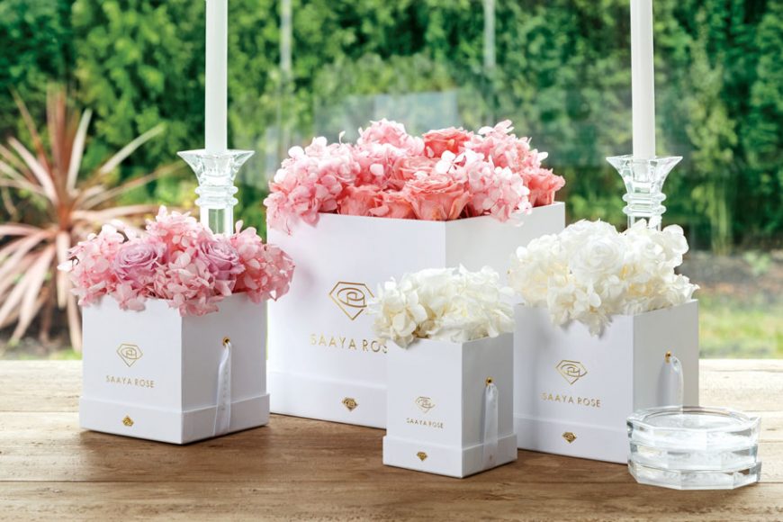 Saaya Roses offers hat-style boxes filled with real Ecuadorian roses that are designed to last one year. Courtesy Saaya Roses.
