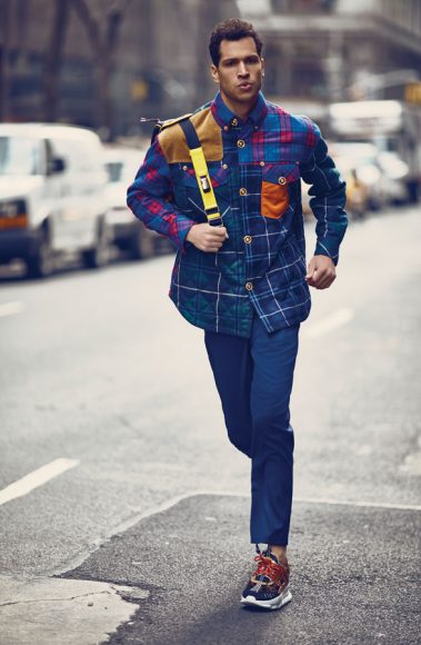 This menswear Versace patchwork plaid is paired with a chunky soled sneaker.