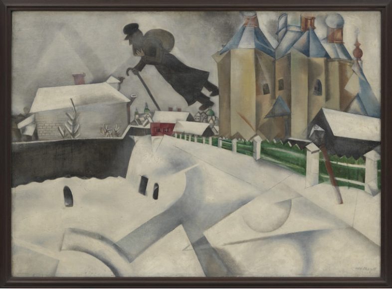Marc Chagall, “Over Vitebsk, 1915-20,” after a 1914 painting, oil on canvas. Museum of Modern Art, New York, acquired through the Lillie P. Bliss Bequest (by exchange), 1949. Artwork © Artists Rights Society (ARS), New York / ADAGP, Paris; image provided by The Museum of Modern Art / licensed by SCALA / Art Resource, New York. Courtesy the Jewish Museum.