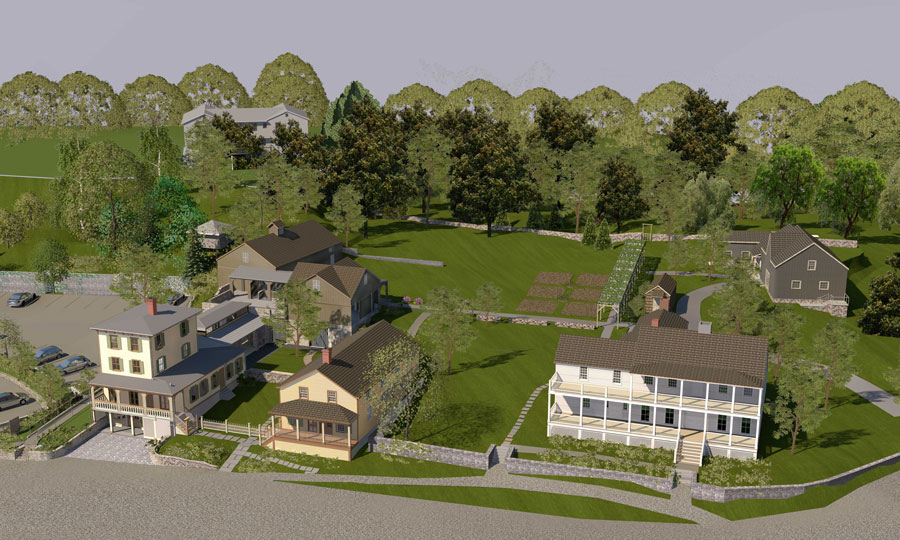 A bird’s eye view of the reimagined Greenwich Historical Society campus in Cos Cob. Rendering by David Scott Parker Architects. Courtesy Greenwich Historical Society.