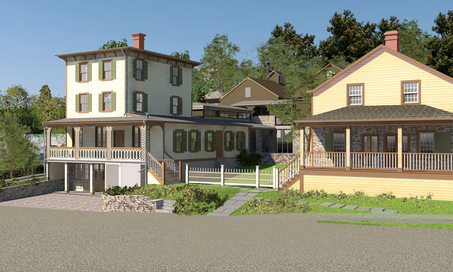 A close-up of the newly reimagined Toby’s Tavern, left, and Storehouse, right, on the grounds of the renovated Greenwich Historical Society campus in Cos Cob. Rendering by David Scott Parker Architects. Courtesy Greenwich Historical Society. 