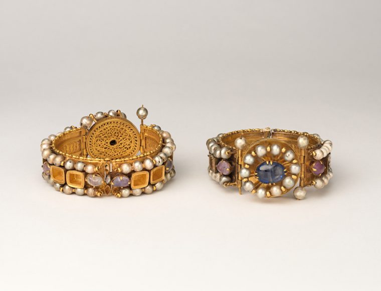 “Jewelry: The Body Transformed” will open Nov. 12 at The Metropolitan Museum of Art on Fifth Avenue in Manhattan. Among its treasures will be these Jeweled Bracelets, 500-700. Made in probably Constantinople. Gold, silver, pearl, amethyst, sapphire, opal, glass, quartz, emerald plasma. Overall: 1 7/16 x 3 1/4 in. (3.7 x 8.2 cm). The Metropolitan Museum of Art, Gift of J. Pierpont Morgan, 1917. 7.190.1670, .1671. Courtesy The Metropolitan Museum of Art.