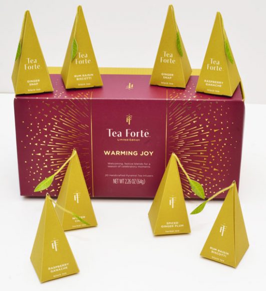 The Warming Joy collection from Tea Forté includes selections of Rum Raisin Biscotti, Ginger Snap, Winter Chai, Raspberry Ganache and Spiced Ginger Plum. Photograph by Bob Rozycki.