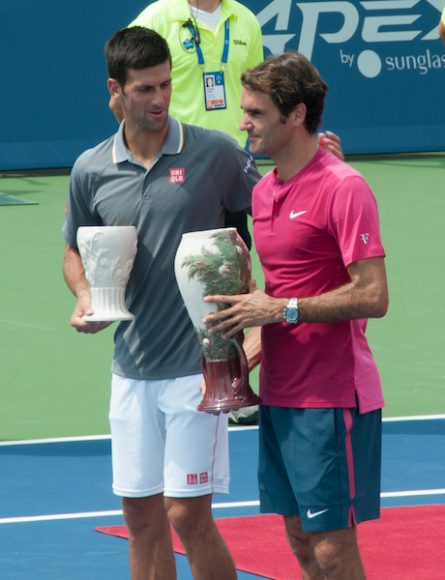 Novak Djokovic and Roger Federer during the trophy ceremony for the 2015 Western & Southern Open. They made the finals again this year, with Djokovic winning for the first time.