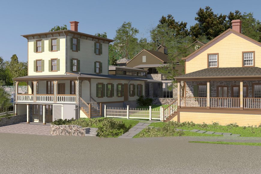 A view of the newly reimagined Toby’s Tavern, left, and Storehouse, right, on the grounds of the Greenwich Historical Society campus in Cos Cob. Rendering by David Scott Parker Architects. Courtesy Greenwich Historical Society. 
