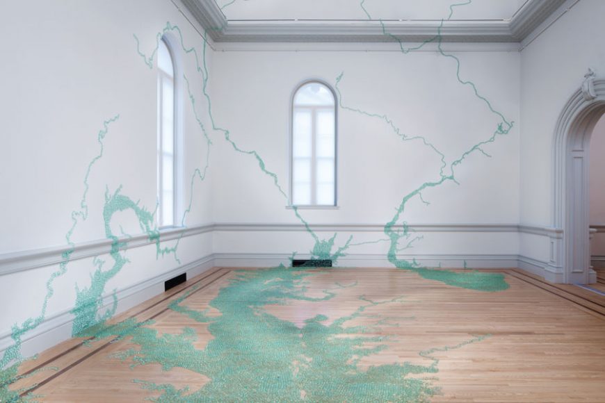 Maya Lin’s “Folding the Chesapeake” (2015), a glass marbles and adhesive work that’s part of the Smithsonian American Art Museum Permanent Collection, hints at a work she is creating for the Hudson River Museum’s “Maya Lin: A River Is A Drawing.” Photograph by Ron Blunt. Courtesy Smithsonian American Art Museum.