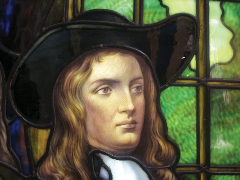 Frederick S. Lamb’s portrait of early Quaker and Pennsylvania founder William Penn (1909), stained glass. Brooklyn Museum.