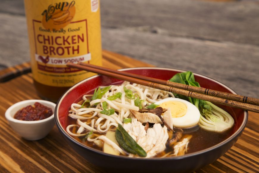 Zoup! Good, Really Good broth is used in the recipe for Quick Chicken Ramen Noodle Bowls. Courtesy Zoup! Fresh Soup Company. 