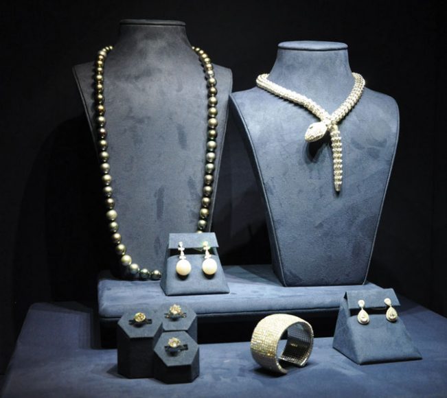 Pearl and diamond jewelry is showcased in Shreve, Crump & Low’s vault. Photograph by Meghan McSharry.