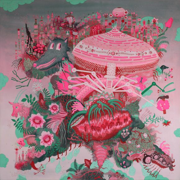 Detail of Peter Hamlin’s “Living Matrix Palace” (2018), oil on canvas. Courtesy Kenise Barnes Fine Art.
