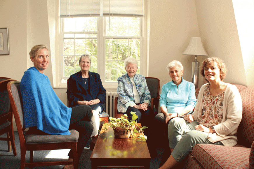 From left: Beth O’Keeffe Cleary, director of congregational advancement for the Sisters of the Divine Compassion, Sister Laura Donovan, Sister Jane Keegan, Sister Felicitas Russell, and Sister Carol Peterson.