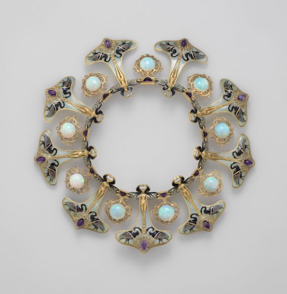 Enamel necklace with opals and amethysts, René-Jules Lalique (French, 1860–1945), Made in Paris, ca. 1897–99, Gold, enamel, opals, amethysts, Gift of Lillian Nassau, 1985 (1985.114). Courtesy The Metropolitan Museum of Art.