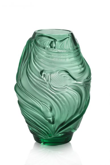 Lalique’s Poissons Combattants vase is available in clear, Persepolis blue or mint green. Courtesy Lalique.