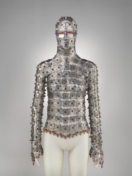 Yashmak, Shaun Leane (British, born 1969), Designed for Alexander McQueen (British, founded 1992), Spring/summer 2000, edition 2017, Aluminum, Swarovski crystal, Purchase, Friends of The Costume Institute Gifts, 2017 (2017.328a–c). Courtesy Metropolitan Museum of Art.
