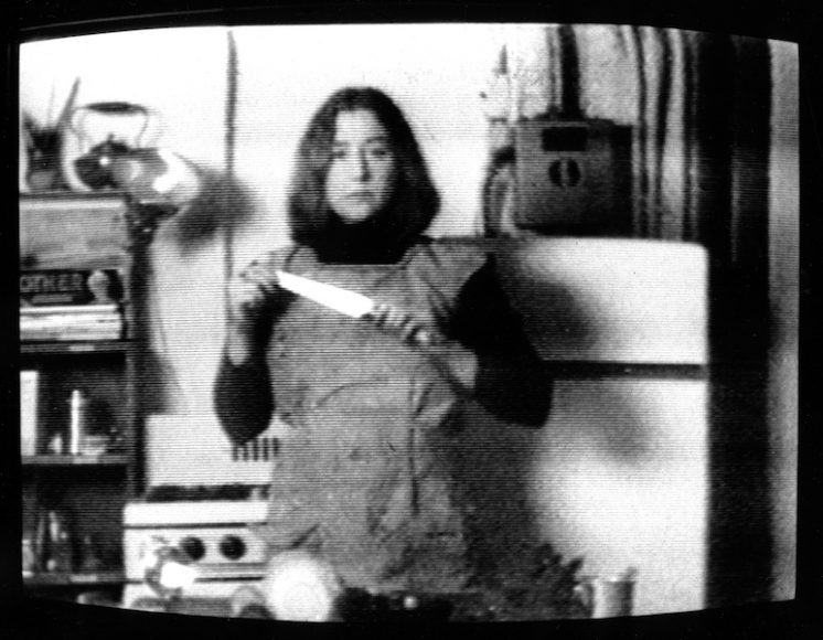 Martha Rosler, still from “Semiotics of the Kitchen,” 1975, black-and-white video with sound, 6 min., 33 sec. Artwork © Martha Rosler. Courtesy the Jewish Museum.