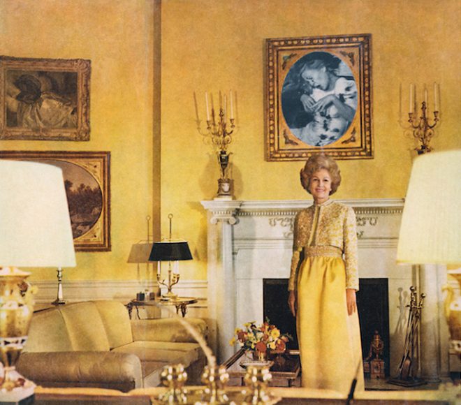Martha Rosler, “First Lady (Pat Nixon),” from the series “House Beautiful: Bringing the War Home,” c. 1967-72, photomontage. Artwork © Martha Rosler. Courtesy the Jewish Museum.