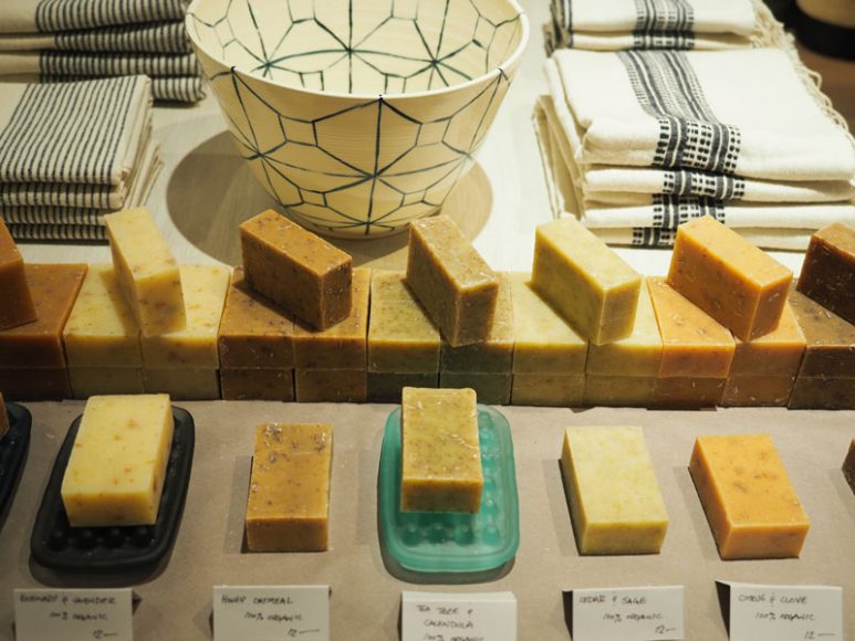 100-percent organic soaps are among the pampering products featured at Burkelman in Manhattan. 