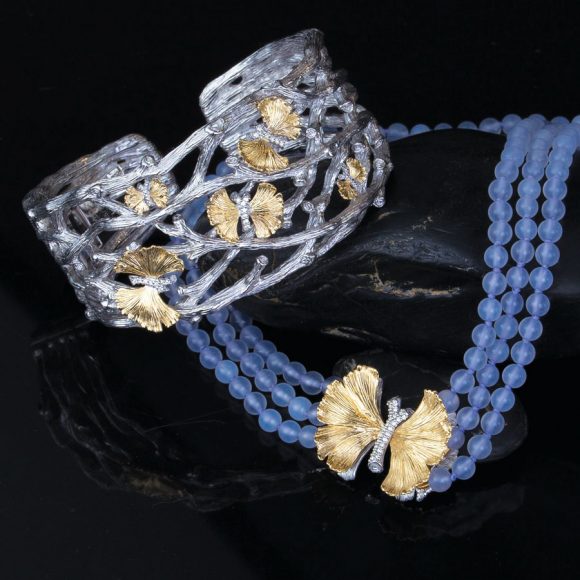 A Michael Aram butterfly ginkgo cuff bracelet with diamonds in sterling silver and 18-karat gold, $2,175, pairs beautifully with his butterfly ginkgo triple strand necklace with chalcedony and diamonds in sterling silver and 18-karat gold, $2,250.